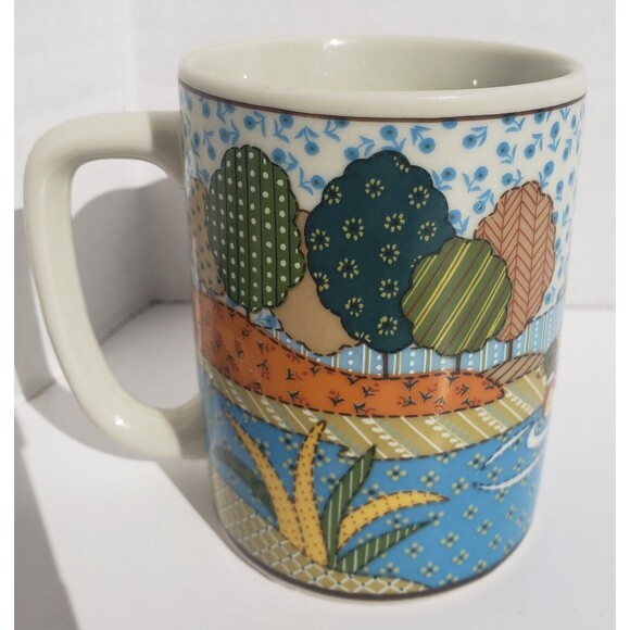 Vintage Otagiri Coffee Mug Patchwork Quilted Mallard Ducks On Pond Japan - Picture 10 of 10